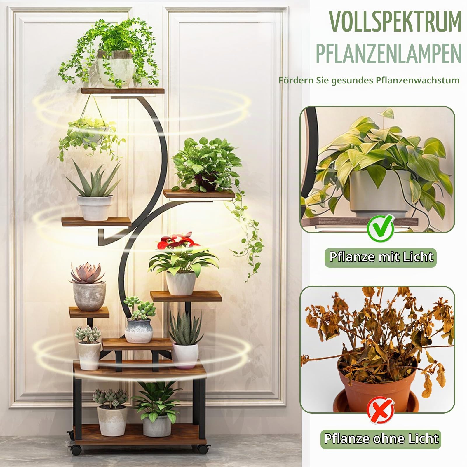 Pflanzenständer mit Wachstumslicht und 4 Rollen, 8 Etagen 159cm Höhe Pflanzenregal Indoor, Blumenständer , Metall-Holz Pflanzenregal für Innen & Außen - Mobiles Blumenregal für Balkon, Büro,Wohnzimmer