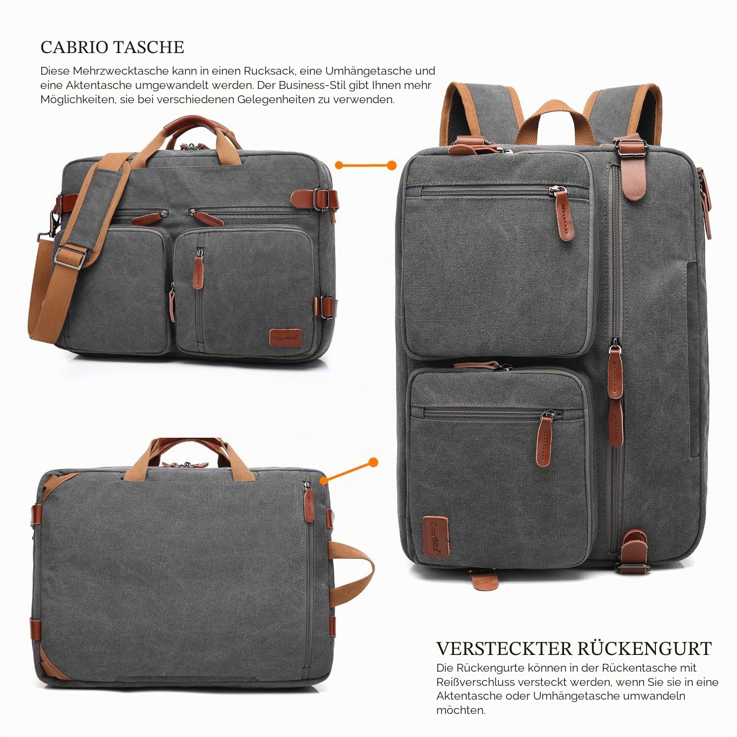 CoolBELL umwandelbarer Rucksack, Kuriertasche, Schultertasche, Laptoptasche, Handtasche, Business-Aktentasche