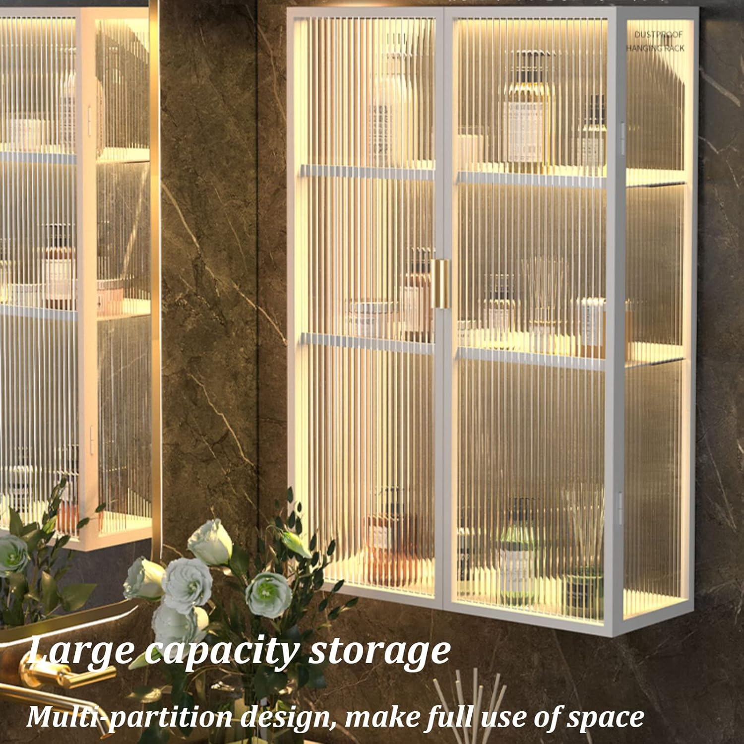 Wall Mounted Home Bathroom Cabinet w/Doors, Punch-Free dustproof Toiletries Metal Hanging Cabinet Cosmetics Perfumes Storage Box, Multi Purpose Storage Cabinet Above The Toilet