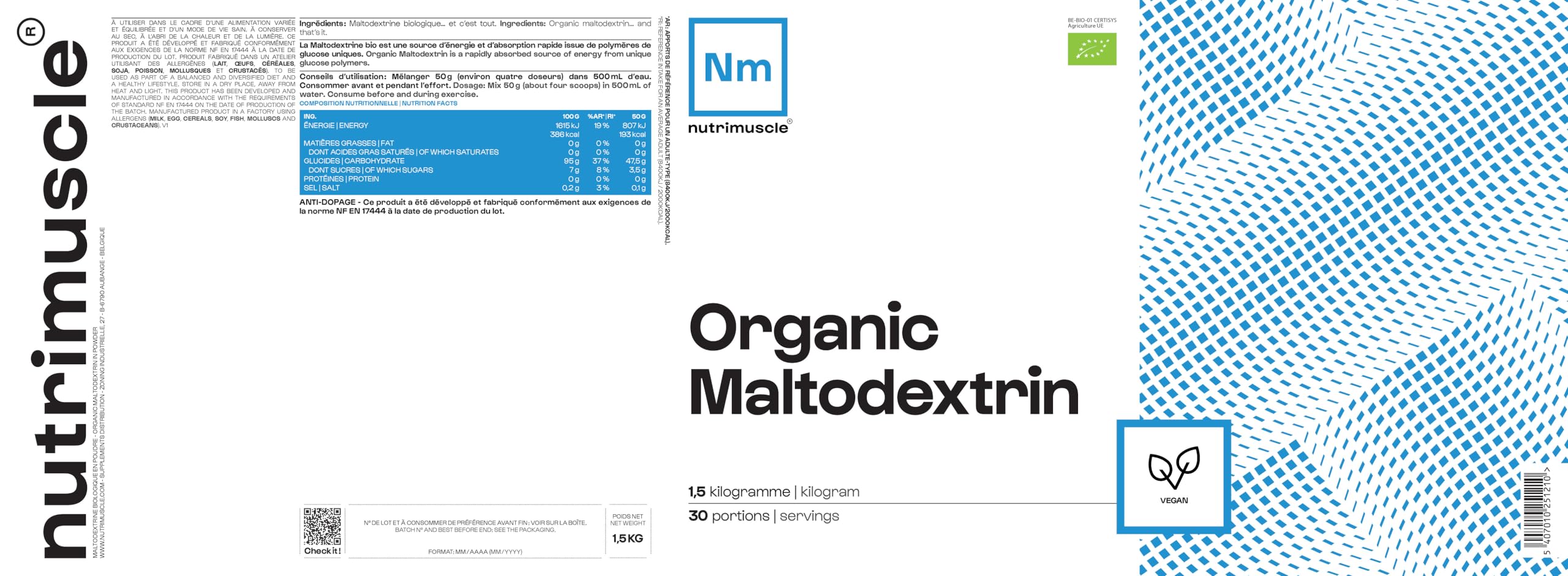 Nutrimuscle Maltodextrine biologique 1.5 kg Nature | Boisson énergétique Intra-workout - Entraînement et Récupération - Energie et Endurance - Efforts longs et Intenses