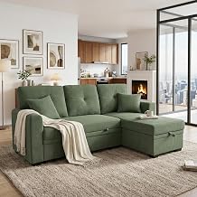 71" Convertible Sectional Sleeper Sofa Bed with Storage Chaise, 3 Seater L Shaped Reversible Pull Out Couch Bed with 2 Pillows, Small Sectional Corner Couch for Living Room, Apartment, Dark Green