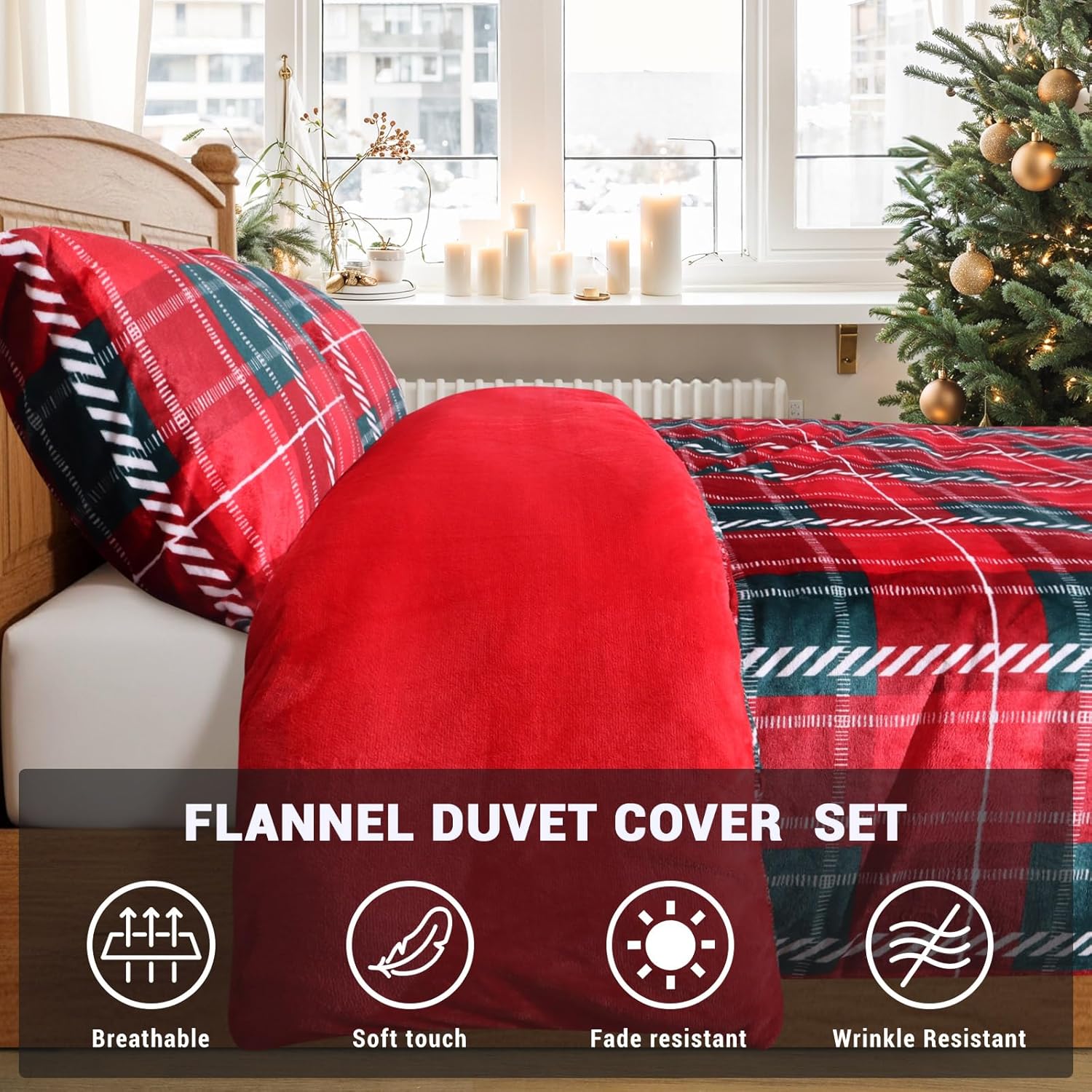 Gogreen Luxury Christmas Flannel Queen Duvet Cover Set, Soft & Breathable 2 Pieces Queen Bedding Sets, Pattern Queen Comfy, with Zipper Closure - Christmas Red Green Plaid