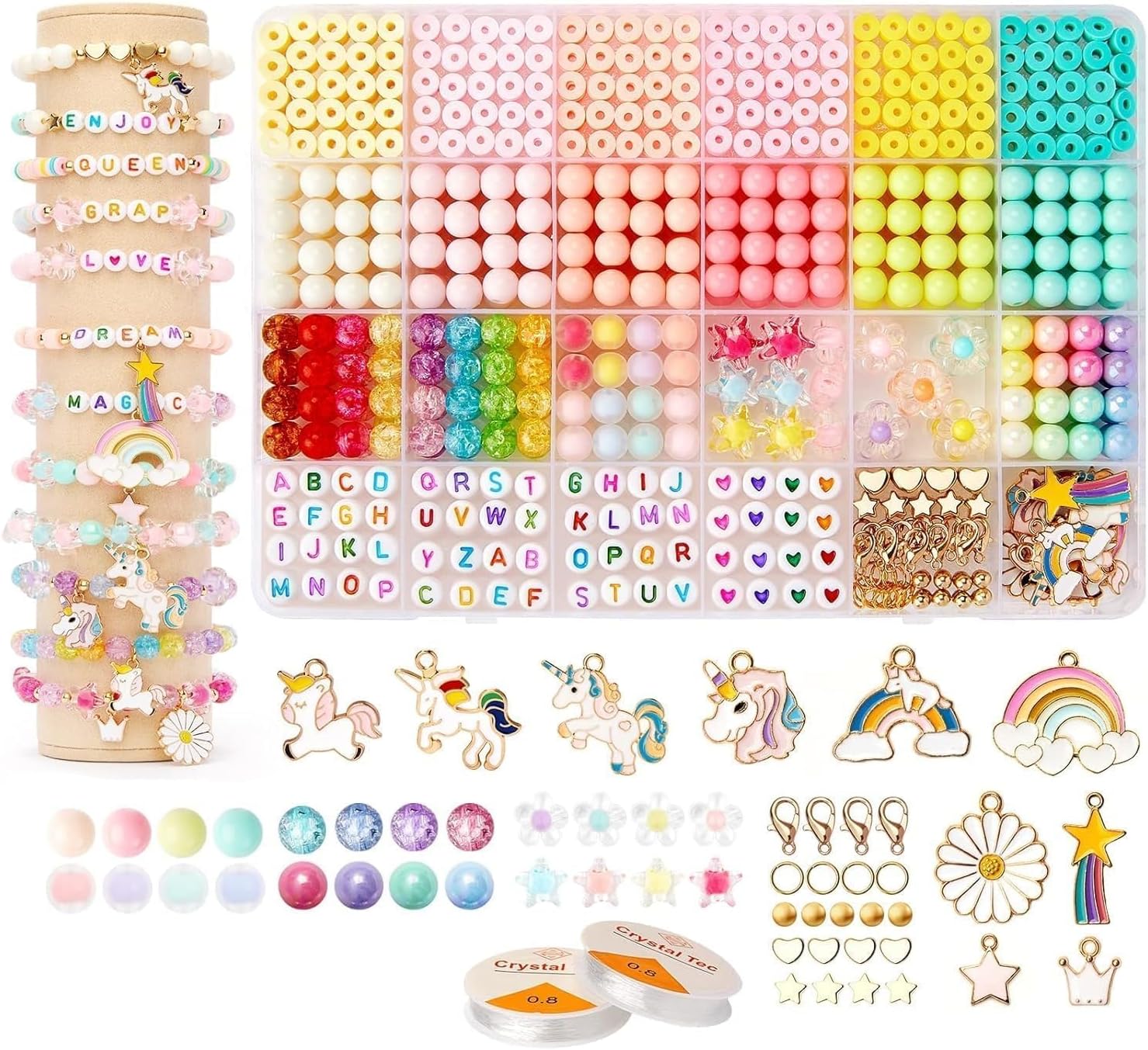 Clay Beads for Jewellery Making Kit Kids Girls Macaron Color Pastel Pearl Round Beads Letter Beads with Unicorn Pendants, Crystal Star Flower Hair Beads for Bracelet Making DIY Crafts (DIY Bead Kit,1)