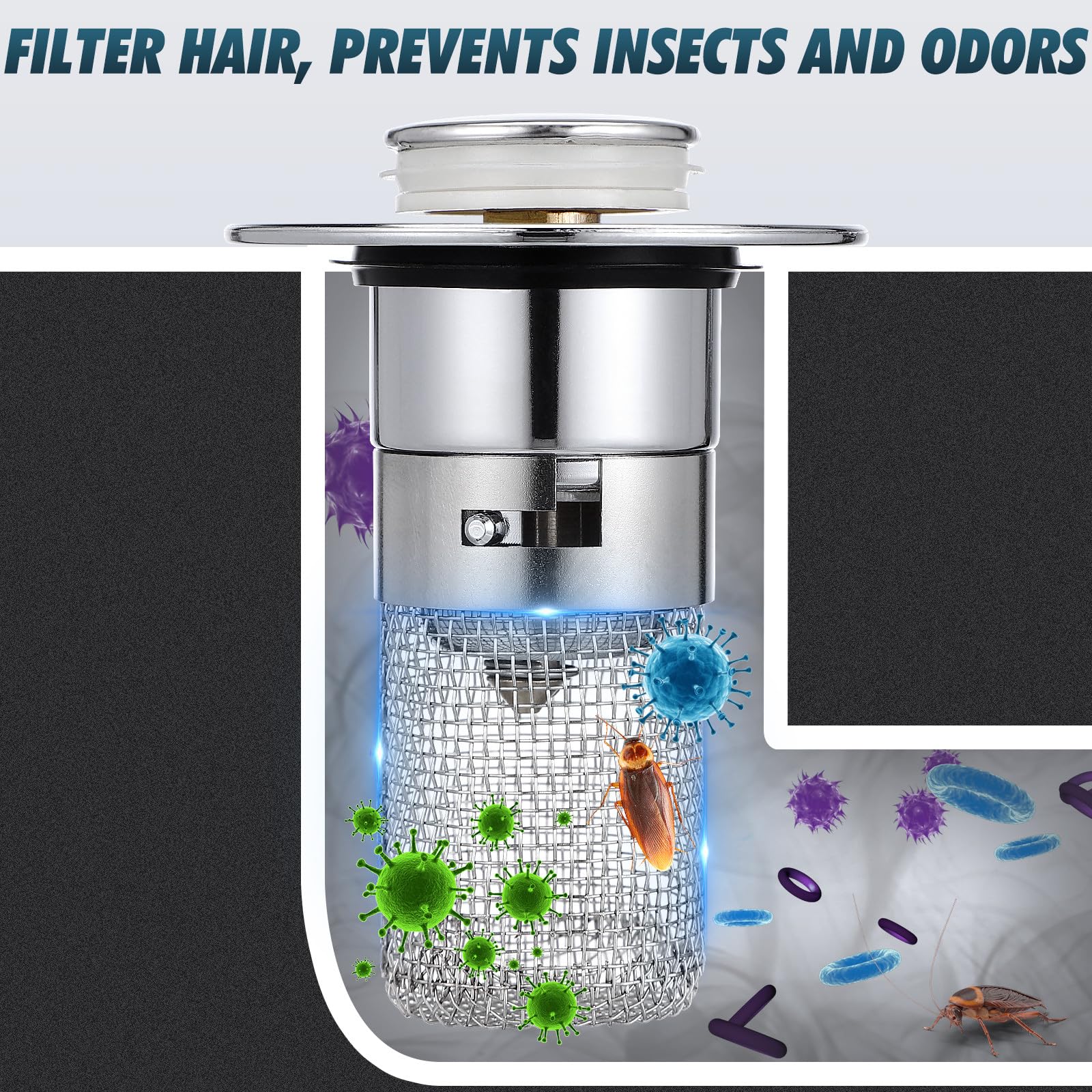 Tapón de Fregadero con Filtro Antiobstrucción Núcleo de Rebote Push Type Abs y Acero Inoxidable Resistente y Práctico para Lavabo y Baño Repuesto Duradero