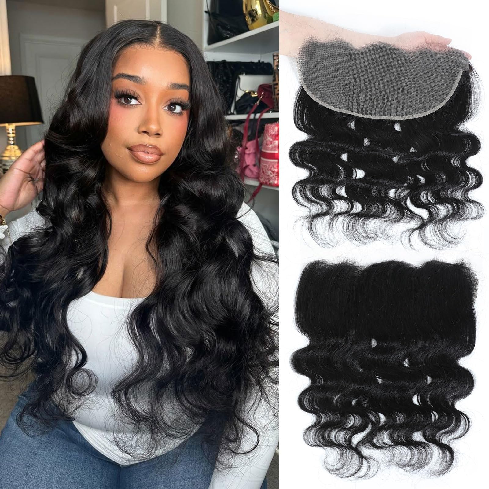 DSEKCAIN HD Frontal 13x6 Lace Frontal HD Lace Body Wave 20 Inch Transparent 13x6 Closure 100% Real Human Hair Ear to Ear Big Space Long Departing Free