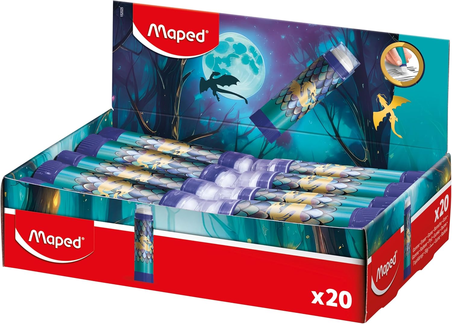 Maped - Display Counter 20 Dragon Tube Erasers - Clean and Accurate Rotary System - White PVC Free Eraser - Metallic Scale Design