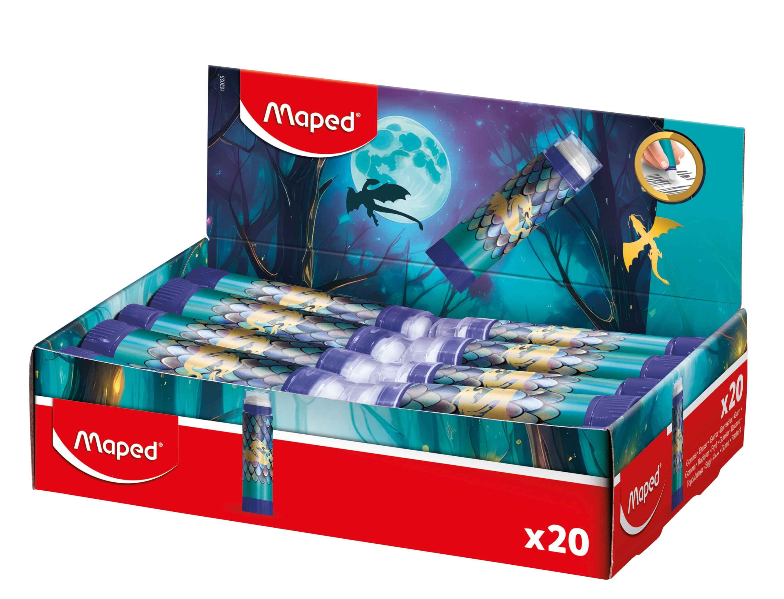 Maped - Display mit 20 Radiergummis, Drachenrohr, sauber und präzise drehbar, weißer Radiergummi, ohne PVC, Design mit Metallschuppen