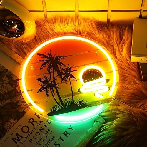 Miniatura 4 de Letrero de neón tropical de 11.8 pulgadas, palmera y puesta de sol, luz de neón para decoración de pared, coloridos letreros de barra con luz LED