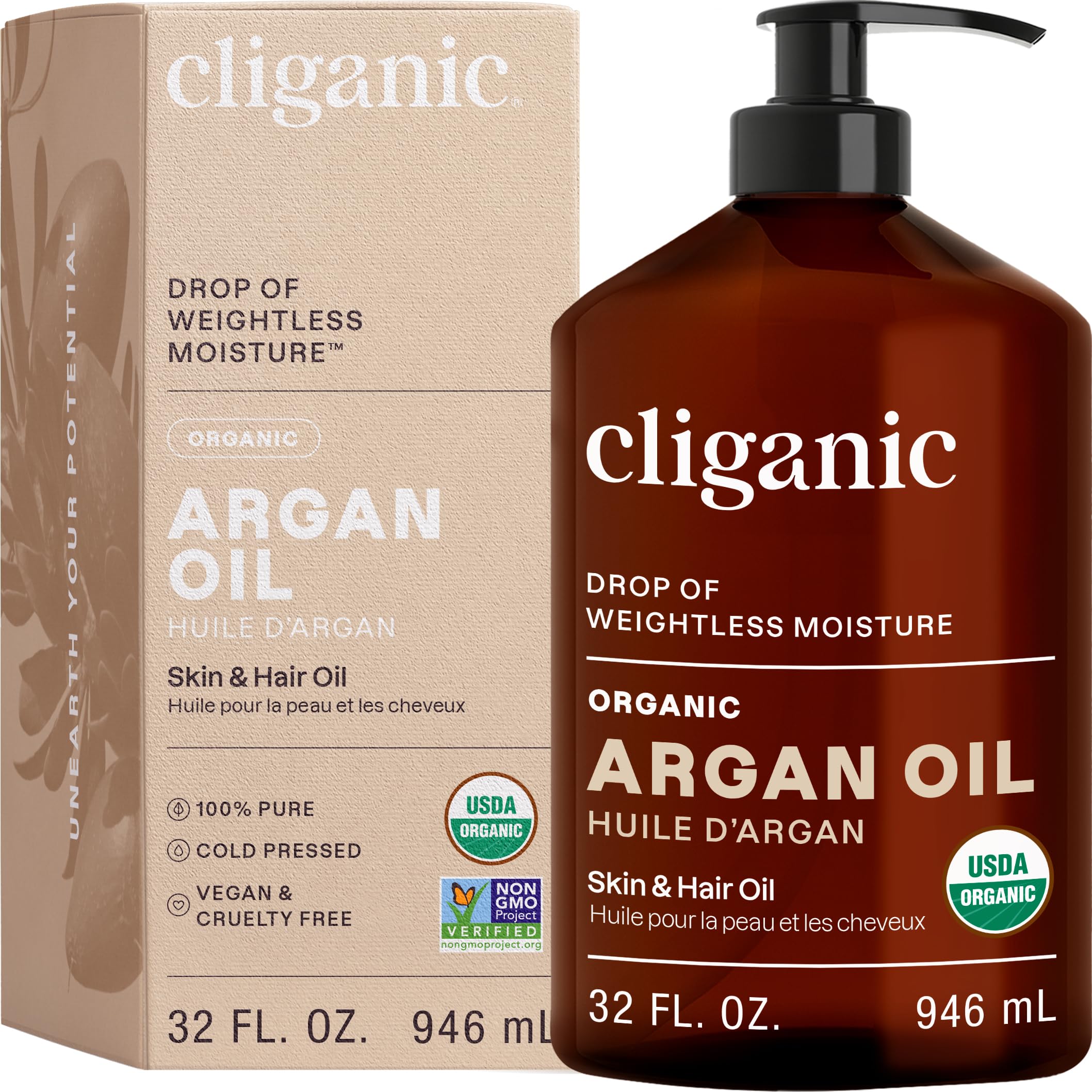 CliganicOrganic Argan Oil for Hair, Face & Skin (Bulk, 32oz with Pump) - 100% Pure, Cold PressedUSDA OrganicEWG Verified
