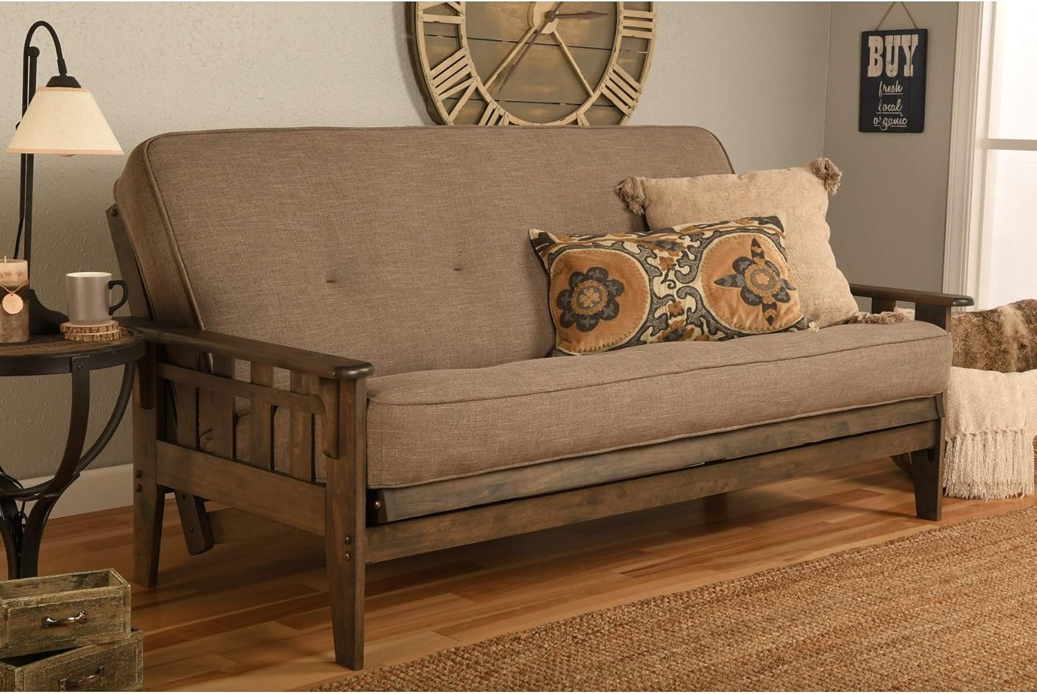 UKN Full Size Futon Frame in Rustic Walnut Finish Mattress Not Included Brown Modern Contemporary Solid Wood Multi-Position