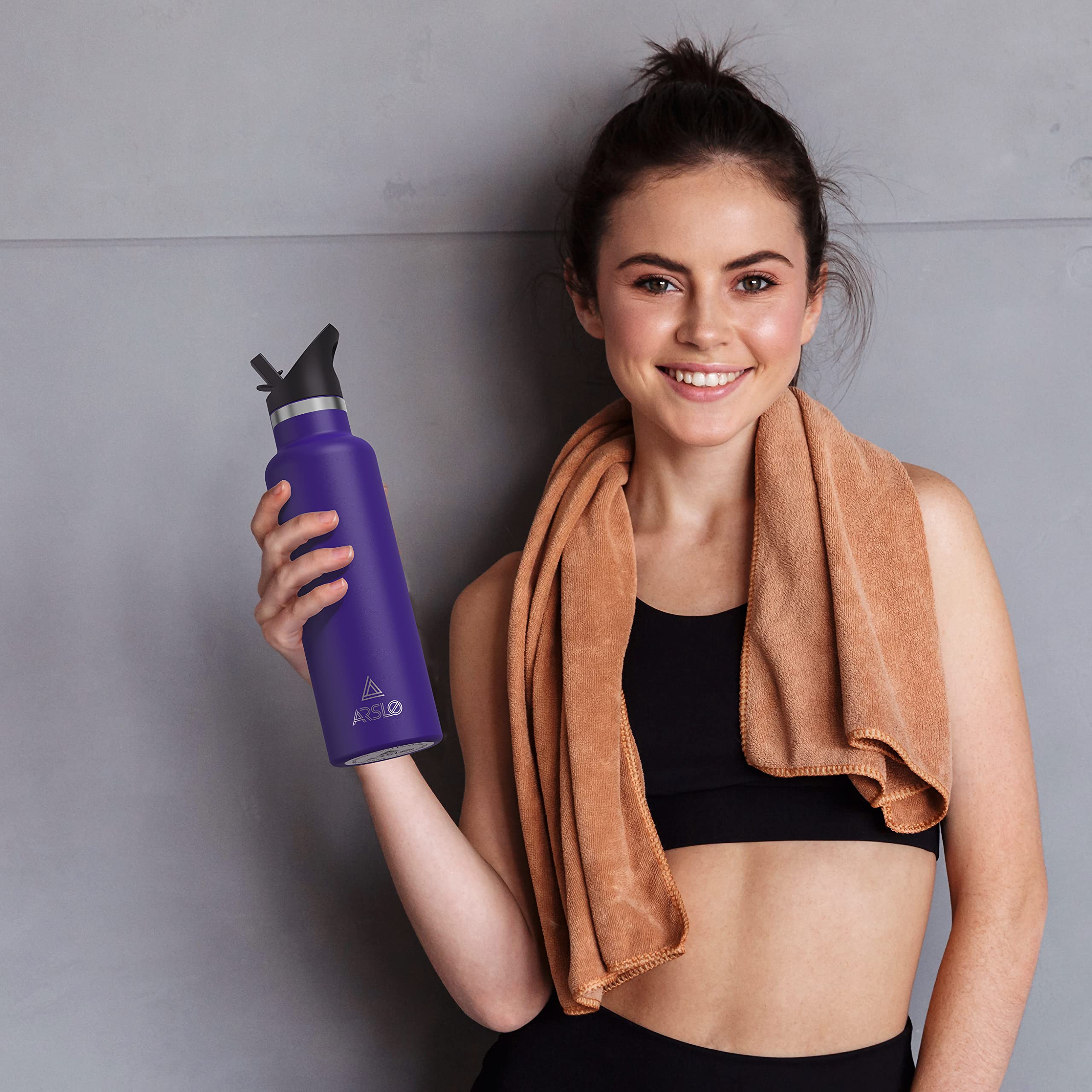 Doppelwandige Wasserflasche aus Edelstahl, vakuumisolierte Flasche mit Strohhalm-Deckel, isolierte Wasserflasche hält Wasser für 24 Stunden kalt, Wandern, Sport, Outdoor, 500 ml, Violett