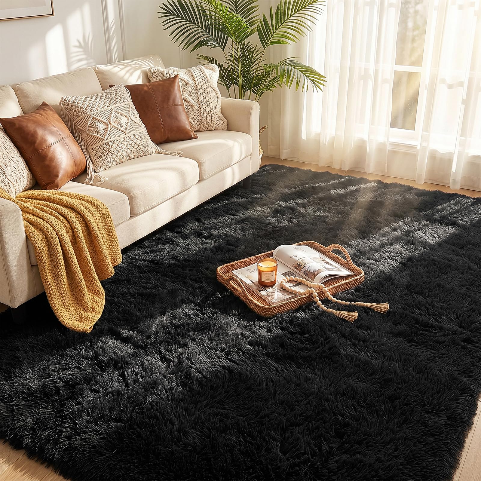 LNZHAO Rugs Living Room 160x230cm: Soft Fluffy Black Area Rugs for Bedroom - Washable Rug Antiskid Shaggy Carpets - Fluffy Rug Suit for Bedroom Dorm Nursery Kids Room Office Lounge Home Decor — image 1