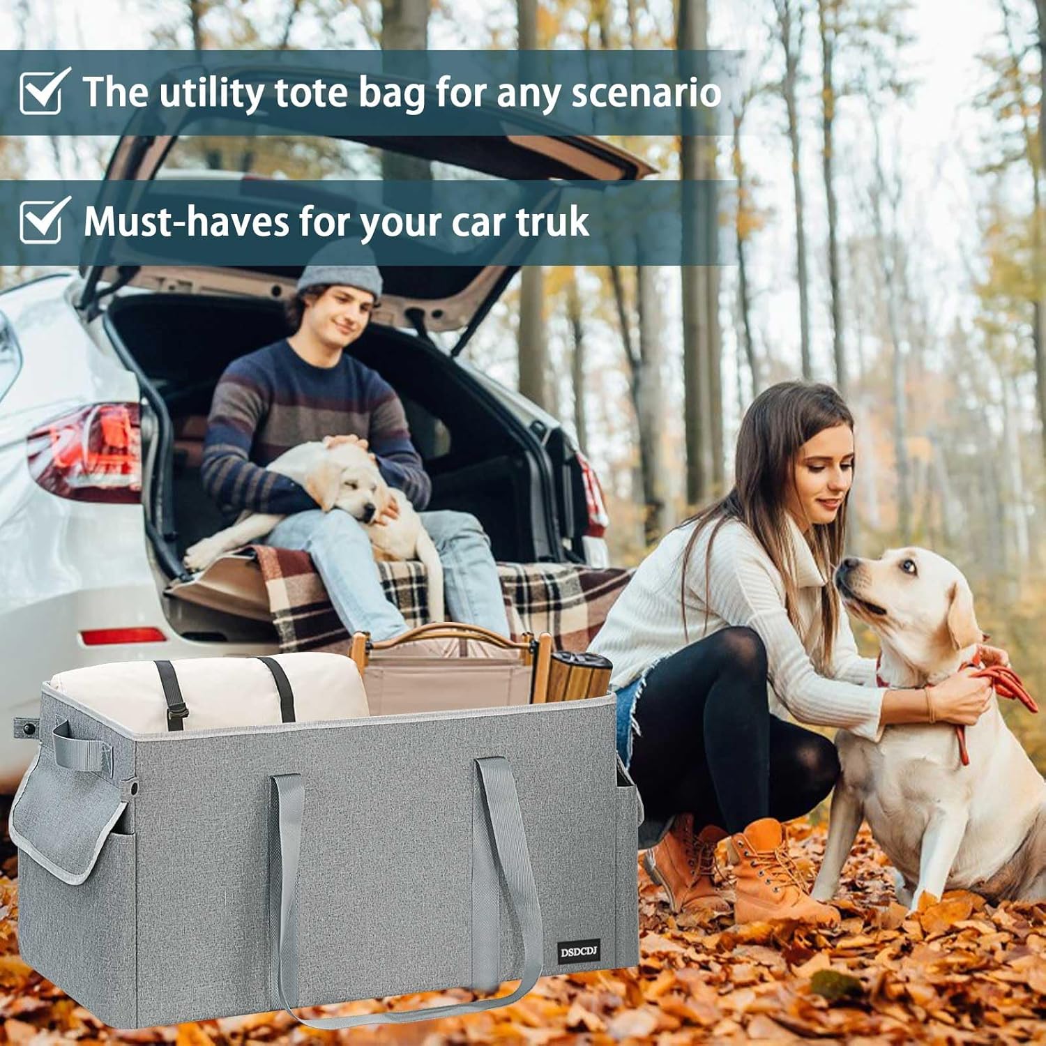 Standing Extra Large Utility Tote Bag with Hard Bottom & Hard Sides, Heavy Duty Reusable Grocery Bags with Handles & 3 Pockets for Shopping, Beach, Picnics, Car (22.5"x11"x12", Grey) - Image 6