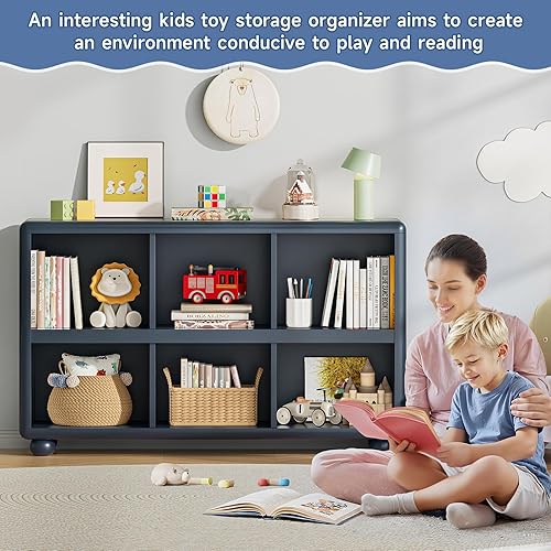 Miniatura 3 de ONBRILL Estantería de madera con 6 cubos de almacenamiento, estantería para niños con pie esfera, organizador de almacenamiento de juguetes