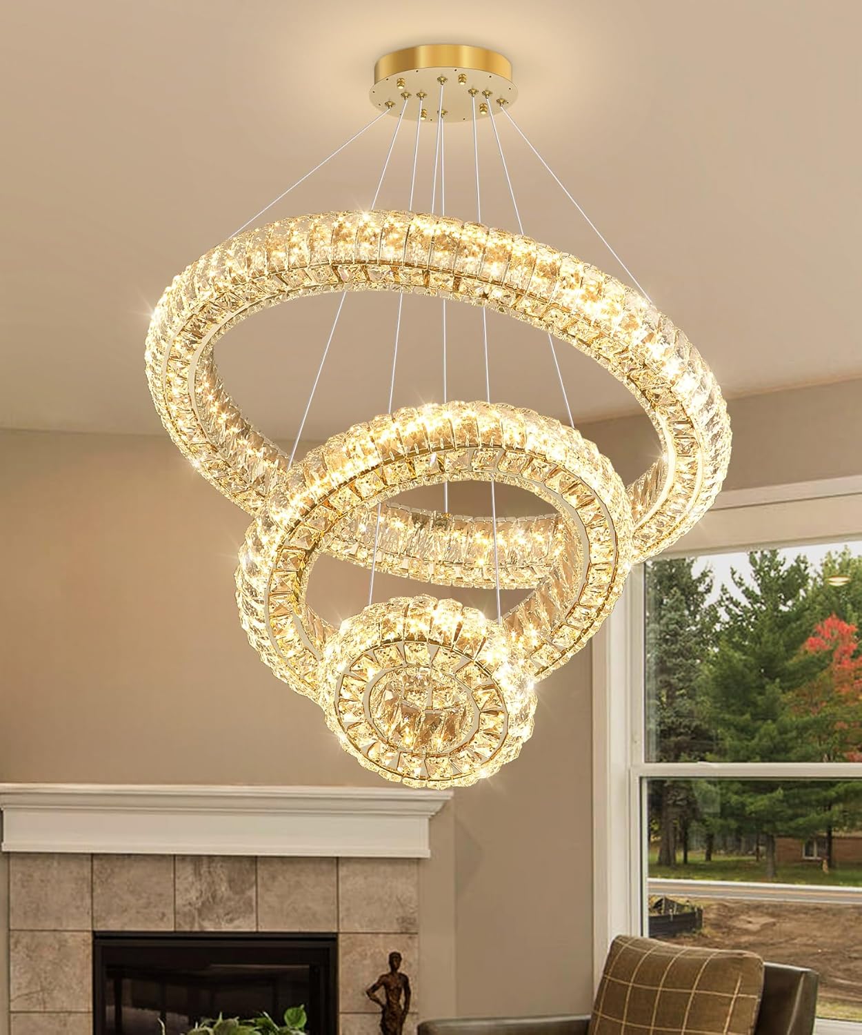 3 Ring Modern Crystal Chandelier Dimmable Ring Pendant Light Round Crystal Chandeliers for Living Room Dining Room Bedroom 23.6'' Gold