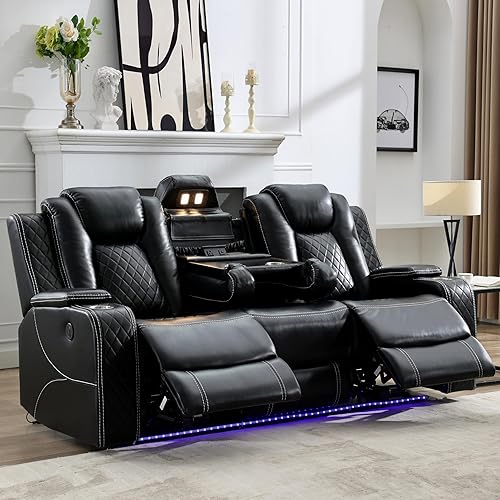 Power Reclining Sofa Couch with Wireless Charger, 3 Seaters with Recliner with Reading Light, Leather Electric 3 Seat Sofa Sectional Set for Living Room, Home Theater Seating with LED Lights, Black