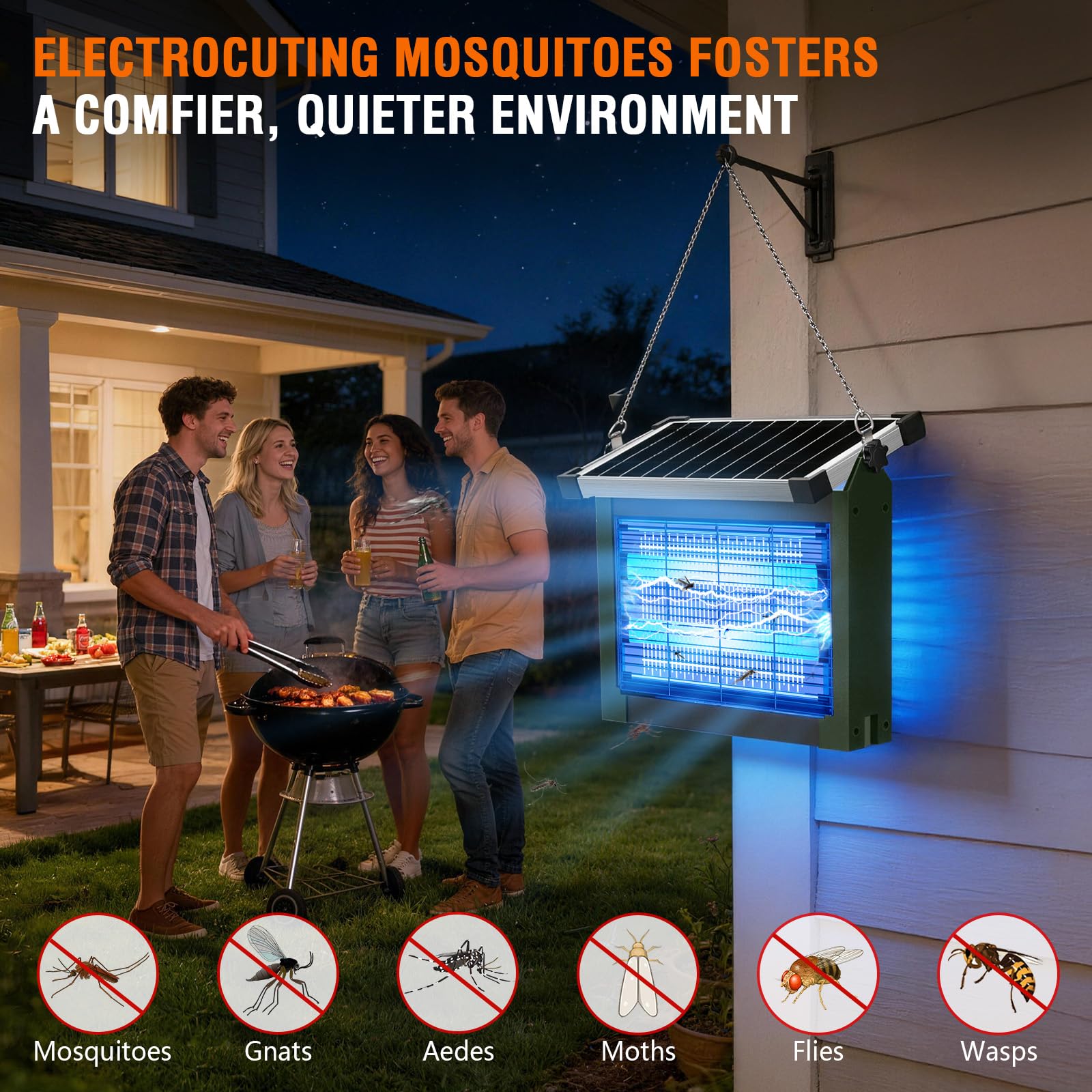 Solar Bug Zapper Outdoor, 4500V Wiederaufladbarer Wasserdichter Mückenvernichter mit Solarpanel Sensor, Elektrische Fliegenfalle, 3.0 m Kabel, Kabelloser Insektenvernichter für Terrasse Hof