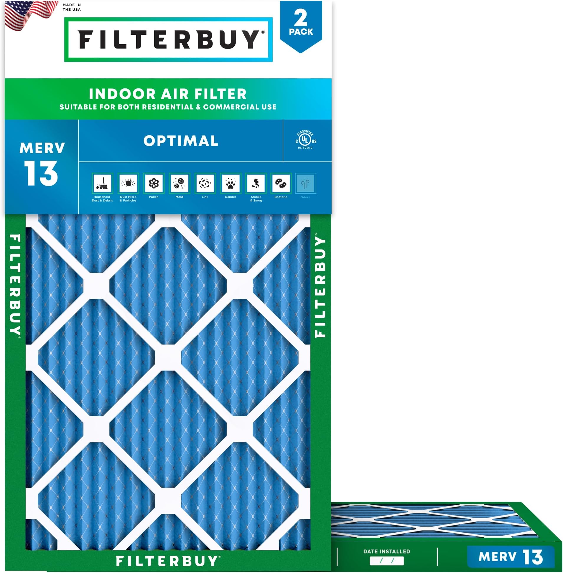 Filterbuy 12x36x1 Air Filter MERV 13 Optimal Defense (2-Pack), Pleated HVAC AC Furnace Air Filters Replacement (Actual Size: 11.50 x 35.50 x 0.75 Inches)