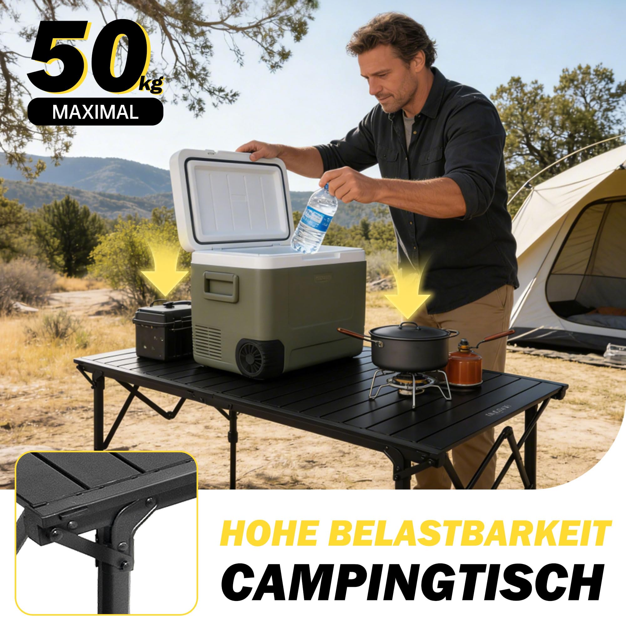 Campingtisch klappbar 128×60.5cm mit Aluminiumrahmen Aufrollbare Tischplatte Falttisch klappbar Höhenverstellung - bis 50kg inkl für 4-6 Personen