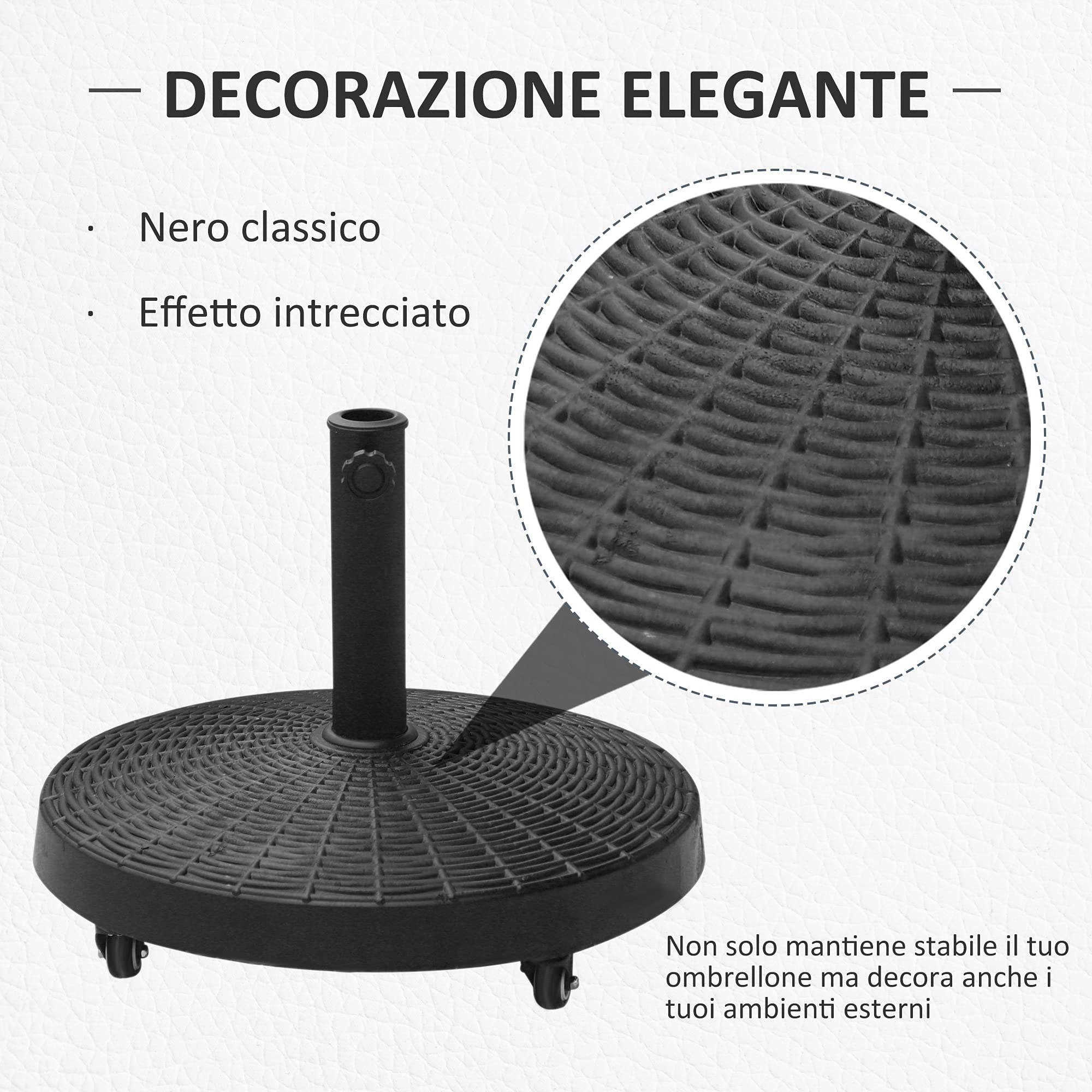 Outsunny Base per Ombrellone da Giardino Rotonda a 4 Ruote con Freni, Base Ombrellone in Metallo e Resina, per Pali di Ombrelloni da Ø38/48 mm, Ø52x41 cm, Nero