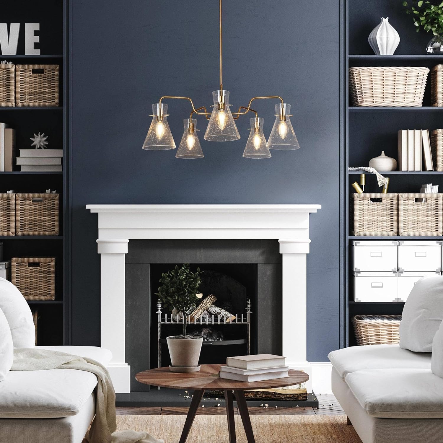 Large Gold Chandelier, Modern 5-Light Chandeliers for Dining Room, Brass Hanging Light Fxitures with Seeded Glass Shade for Kitchen, Bedroom and Living Room
