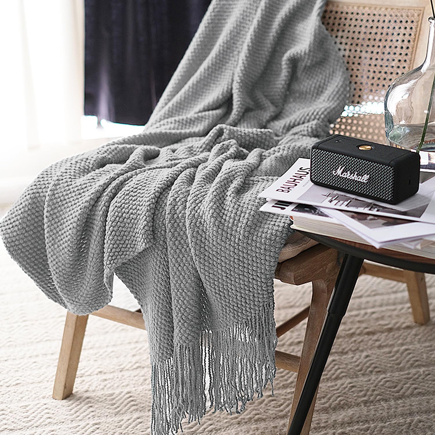 LOMAO Knitted Throw Blanket with Tassels Bubble Textured Lightweight Throws for Couch Cover Home Decor (Light Grey, 60x80)