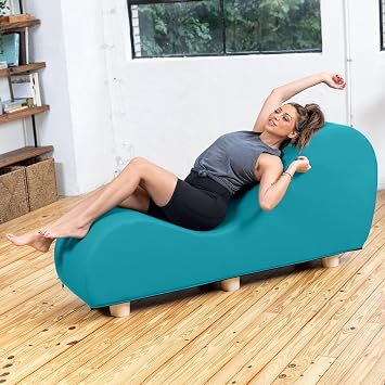 Avana Chaise Lounge Chair for Stretching and Relaxation, Hevea Wood Feet, Faux Leather - Turquoise