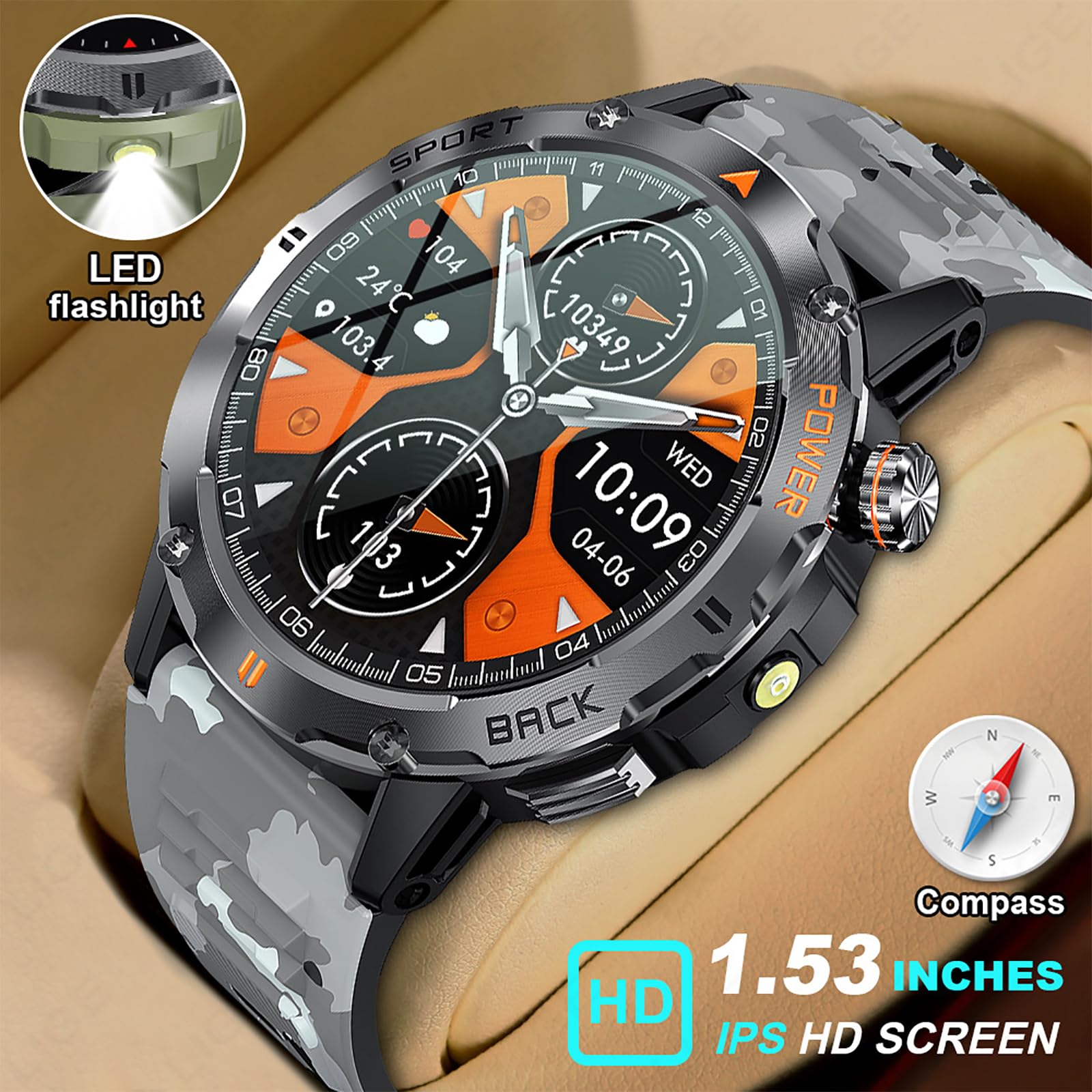 Smart Watch, Outdoor Smart Sports Watch, GPS Men Fitness Smartwatches con Schermo IPS da 1,53 Pollici E Torcia LED, Funzione Bussola, Resistenza all'Acqua P68 per Android E iOS