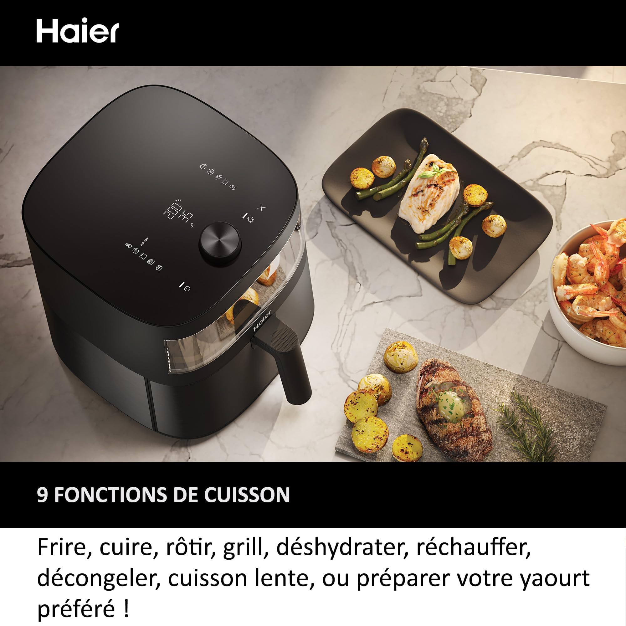 Haier Air Fryer XXL I-Master Serie 5 Friteuse Sans Huile, Capacite 7L jusqu'à 6 personnes, Fenêtre de Contrôle, Cuisson à l'Air Chaud,Rôtissage,Gril, Cuisson Lente, Décongélation, Yaourt, Noir