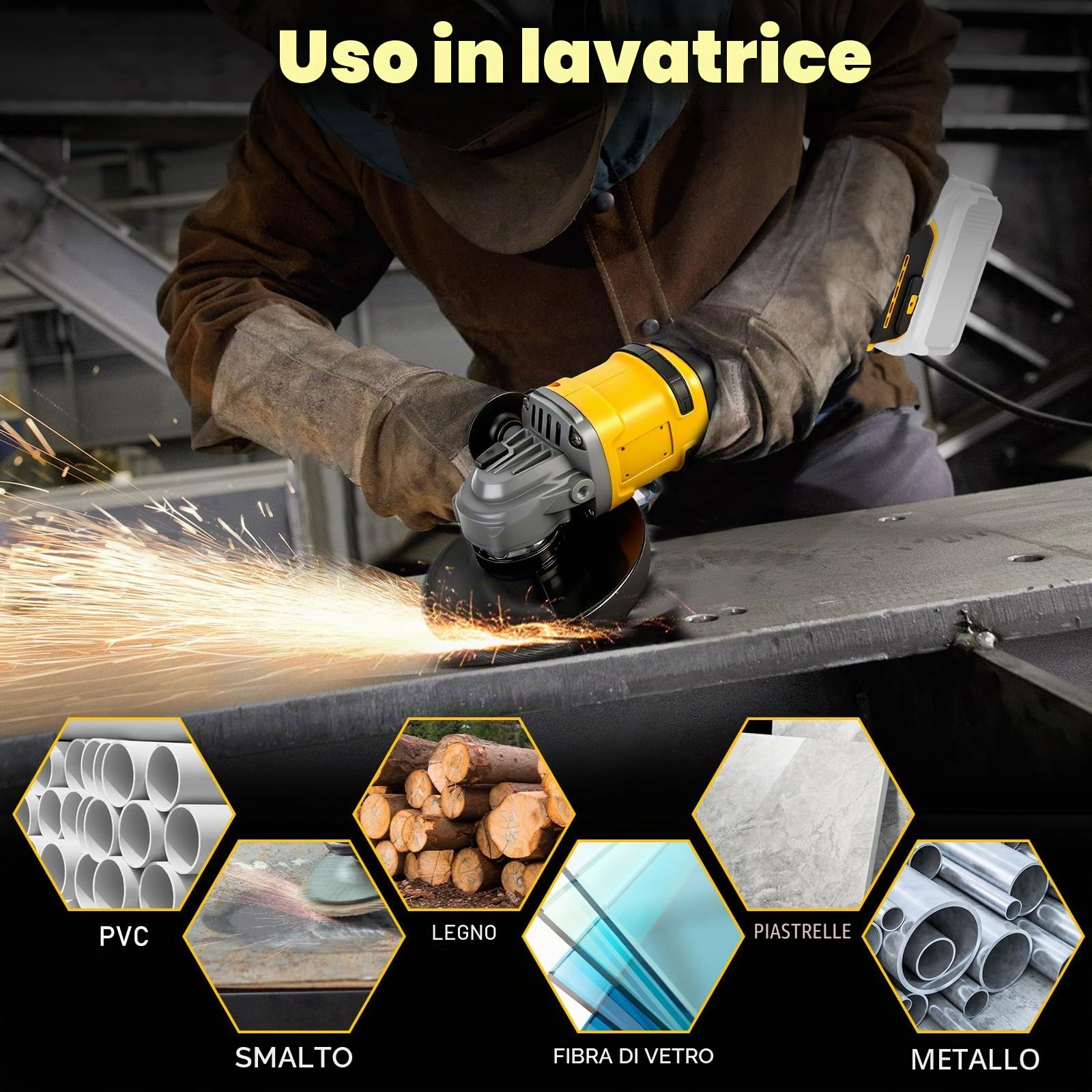 Smerigliatrice angolare compatibile con Dewalt batteria 18V, Ø125mm, Motore Senza Spazzole, 3 Velocità, Protezione Rapida, Manico Anti-Vibrazione, Incl. Dischi(senza batteria) (DW Giallo)