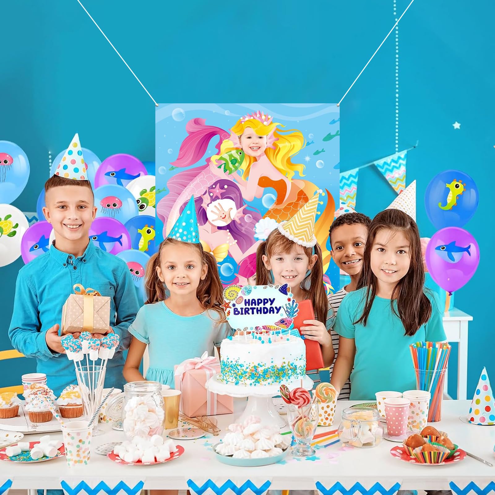 Banderole Anniversaire Thème Sirène - 2 Bannières Décoratives Avec Coquillages, Perles, Hippocampes