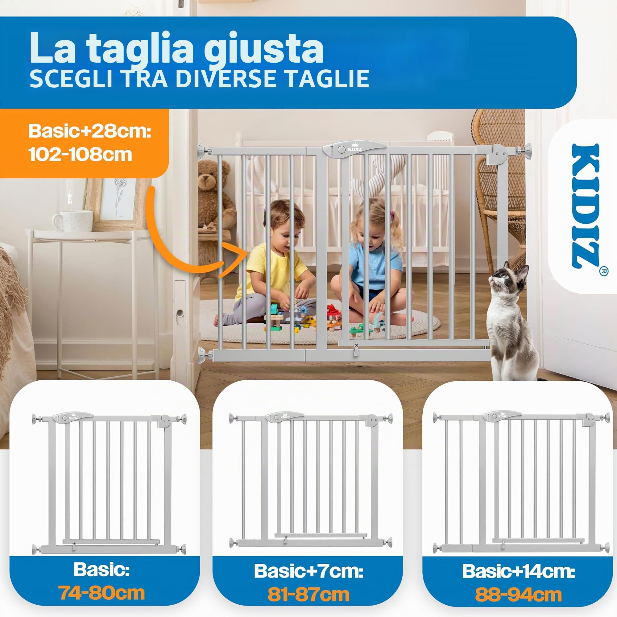 KIDIZ Griglia di protezione per scale senza foratura, larghezza regolabile: 88 – 94 cm, altezza 75 cm, griglia di protezione per porte e cani per bambini e cani, apertura con una sola mano su entrambi