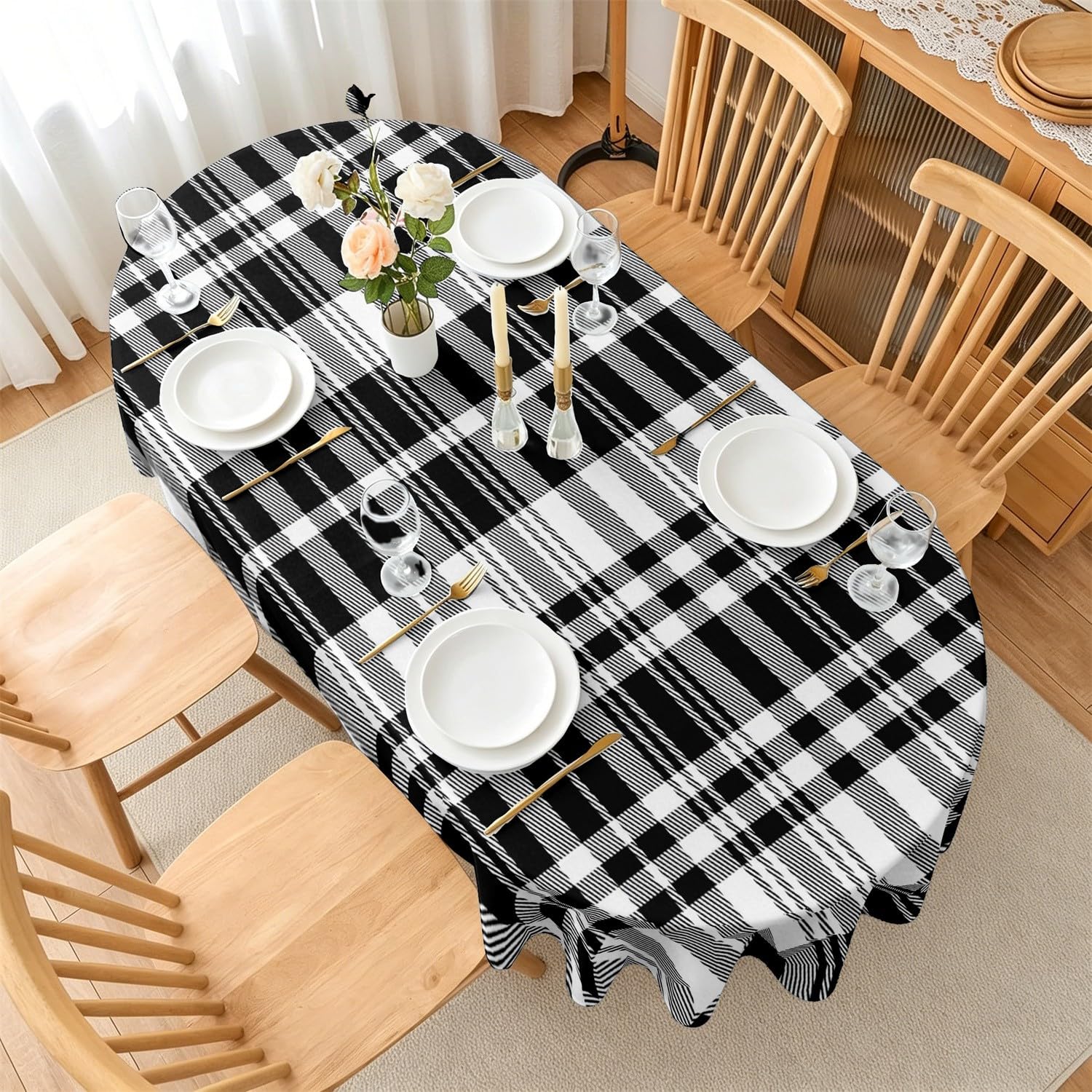 Nappe Ovale 300 x 150 cm Motif Tartan, Imperméable et Anti-tache, Nappe de Table Lavable Motif Carreaux Buffalo, Linge de Table Décoration pour Cuisine Salle à Manger Jardin Terrasse Balcon A-15