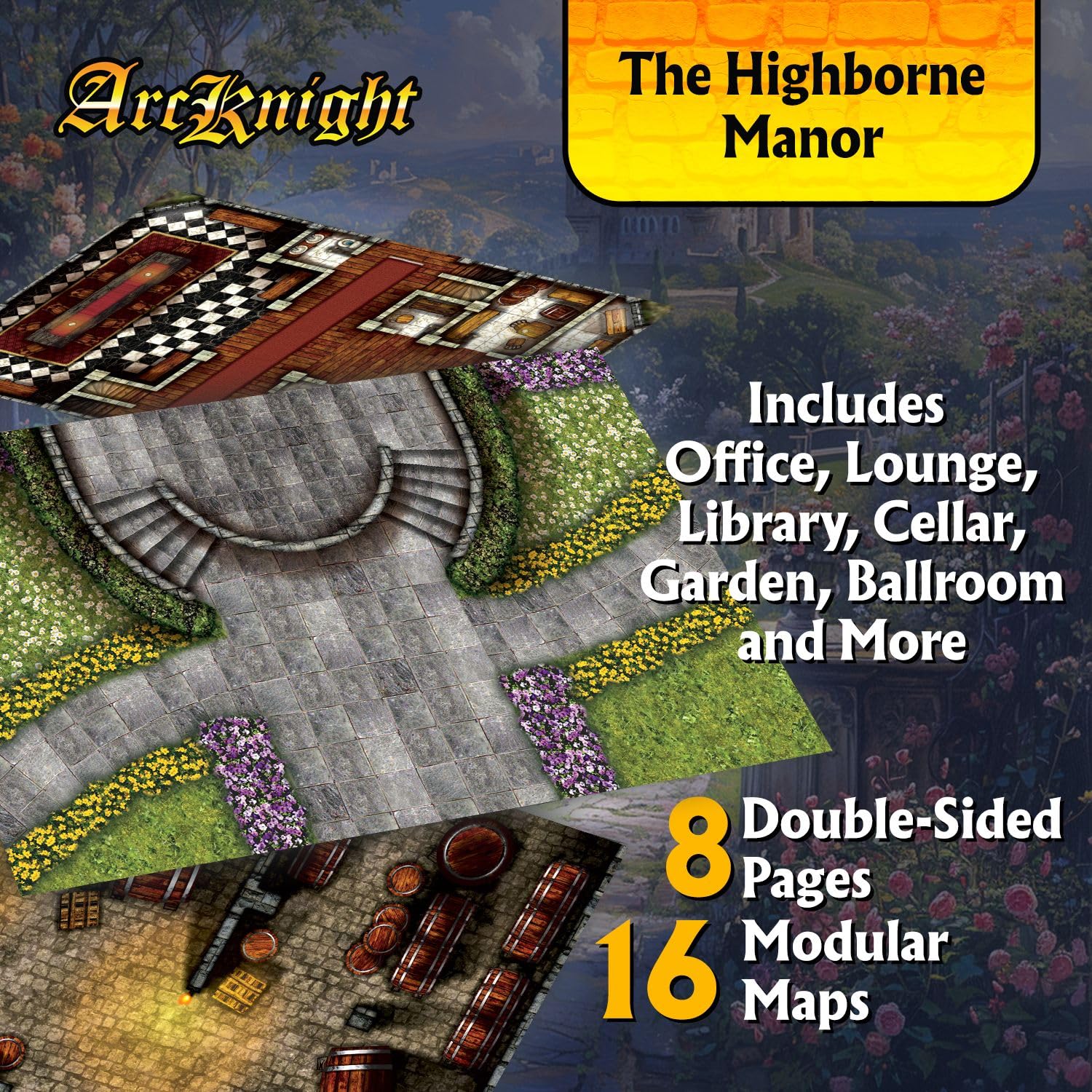 Arcknight The Highborne Manor Roleplaying Battlemaps; 16 mappe modulari RPG in 8 pagine fronte-retro, griglia quadrata da 2,5 cm, design modulare e versatile per giochi da tavolo - per Dungeons &