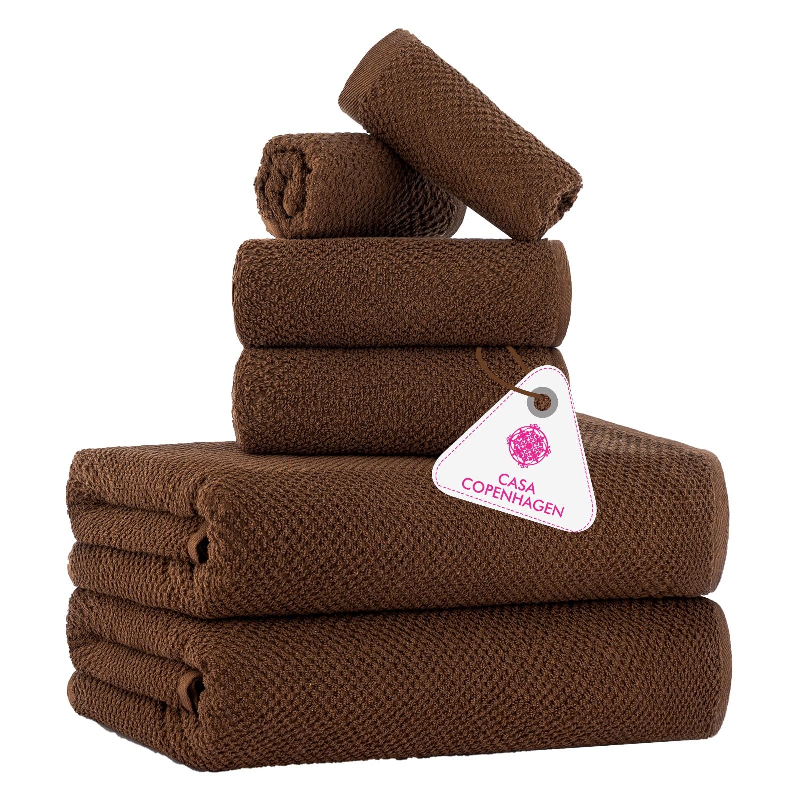 CASA COPENHAGEN Popcorn Textured 6 Piece Towel Set- Toffee Brown, 550 GSM 2 Bath Towel 2 Hand Towel 2 Washcloth, Rough & Tough Use Cotton Towels Gift Set for Bathroom