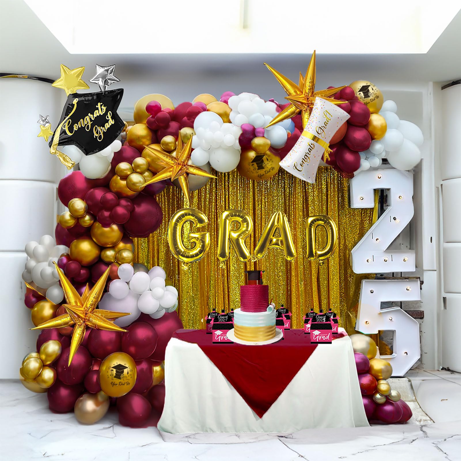 Maroon gold white Graduation Balloon Garland Arch Kit 115PCS with Graduation Star print Certificate Letter Mylar Foil Balloons for Graduate Class of