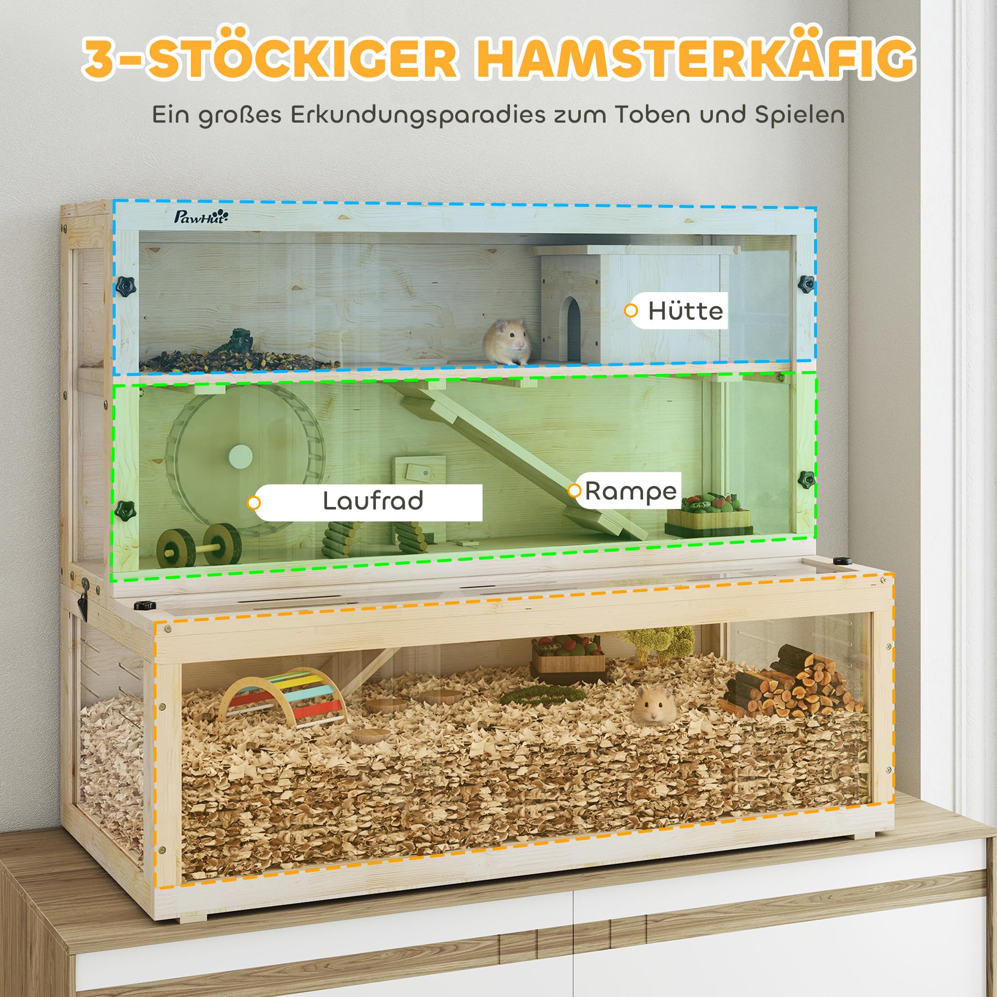 PawHut Hamsterkäfig aus Holz 100 x 50 x 84 cm Nagerkäfig 3 Etagen Kleintierkäfig mit Sichtfenster, Laufrad, Rampe, Häuschen, Mäusekäfig Käfig für Zwerghamster Naturholz