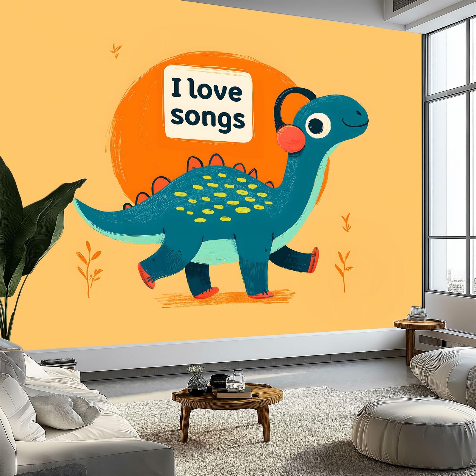 Fototapeta tapeta motyw muzyczny kreskówka słuchawki dinozaur dekoracja ścienna do salonu sypialni, żółta włóknina mural do pokoju dziecięcego biura papier fotograficzny plakat 350 x 256 cm