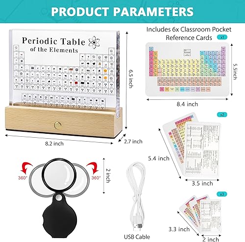 Miniatura 10 de MegaBox Tabla periódica de elementos con 83 elementos reales, exhibición de mesa periódica acrílica con soporte de madera, 6 tarjetas de referencia