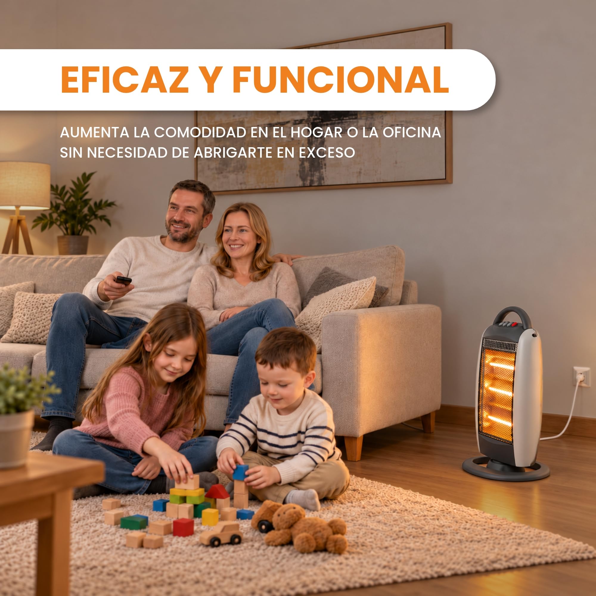 Estufa Halógena Oscilante 400/800/1200 W con Antivuelco y Asa, Negro - imagen 6