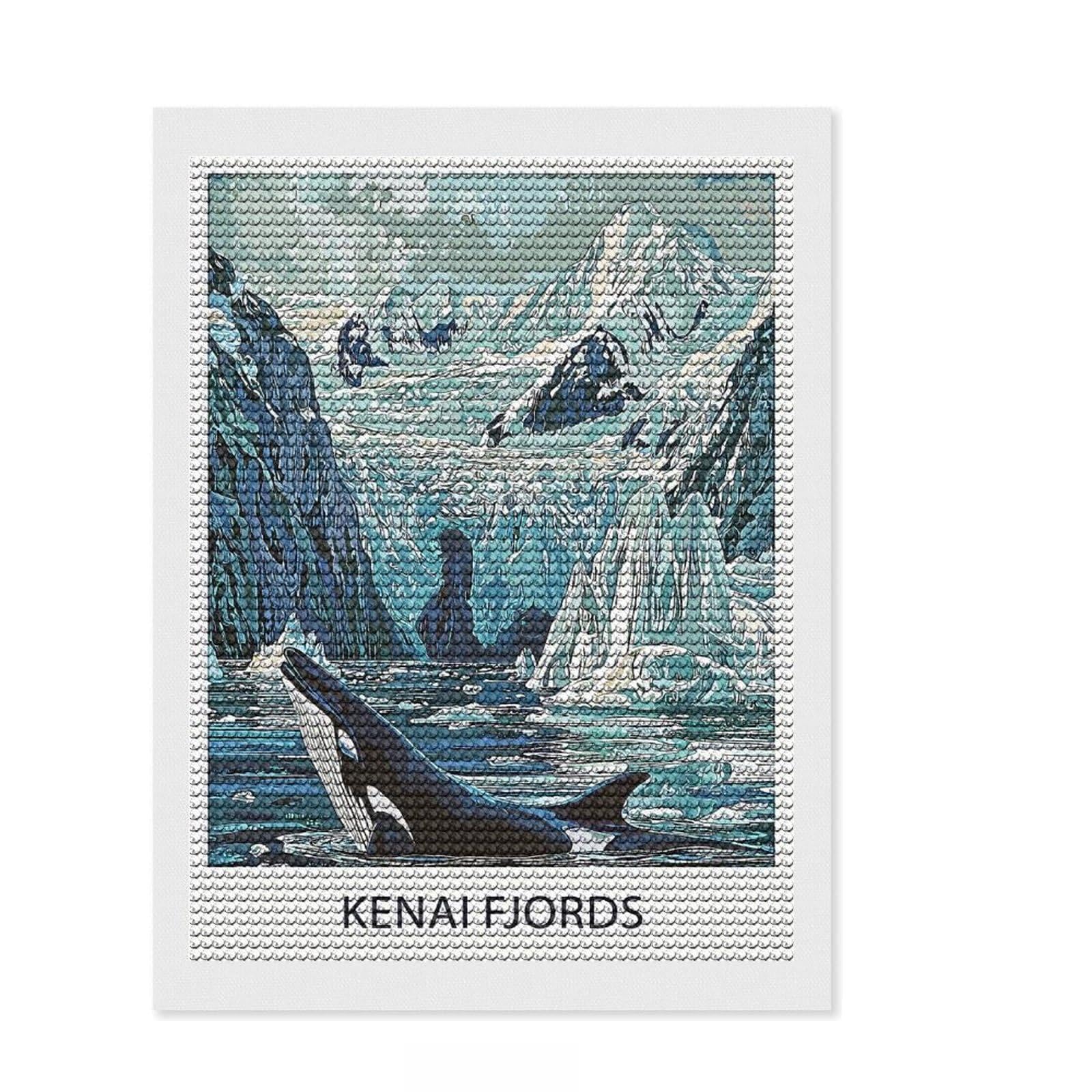 Junmoney Orca in Kenai Fjords Diamond Style Art Kit 12"x16", Home Decoration, with Tool Kit, Decor Project, Aesthetic Room Decor