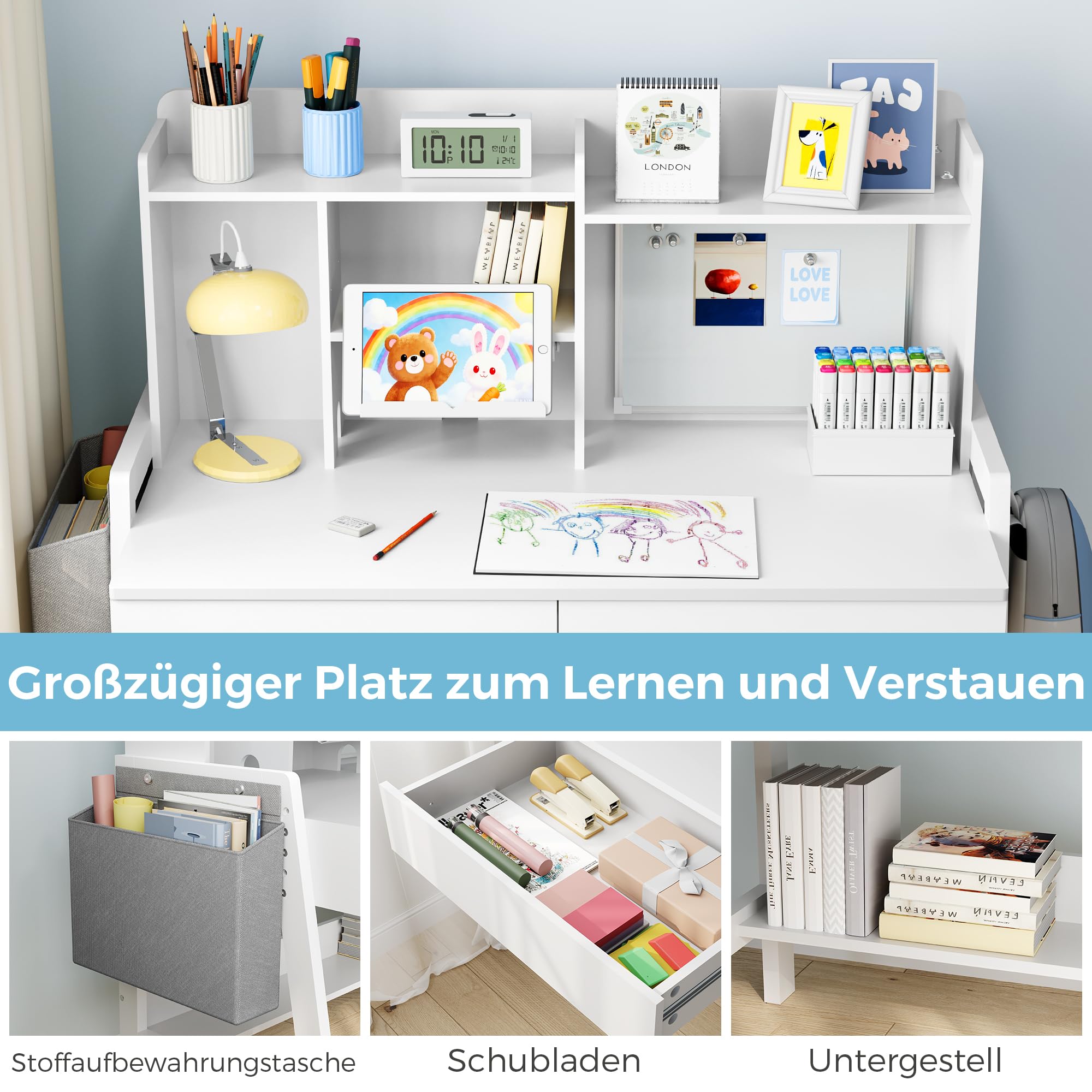 Pamapic Kinderschreibtisch und Stuhl Set, Höhenverstellbarer Kinderschreibtisch, Kinder Schreibtisch mit Regal & Schubladen, Schülerschreibtisch mit Haken, Magnete, Tafel & Stofftasche, Weiß