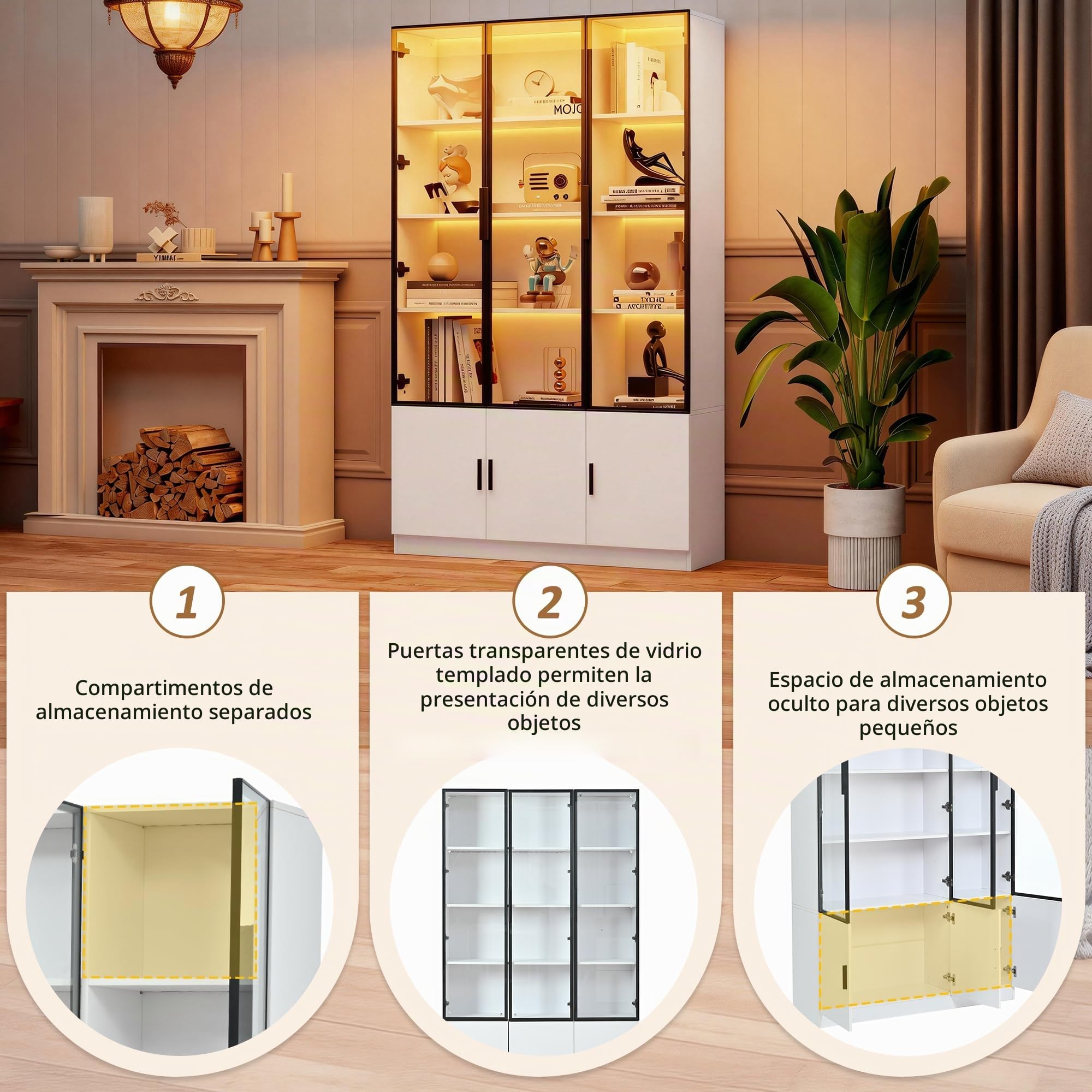 Vitrina de cristal de 120 x 32 x 200 cm, armario alto, vitrina con 6 puertas, armario alto, con LED, armario de salón de 120 cm de ancho, armario multifunción, armario grande (1)
