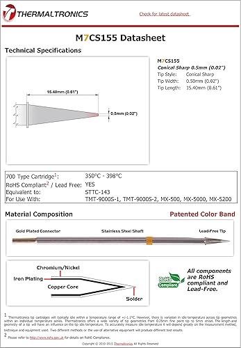 Thermaltronics M7CS155 afilado cónico 0.5mm (0.02in) intercambiable para Metcal STTC-143