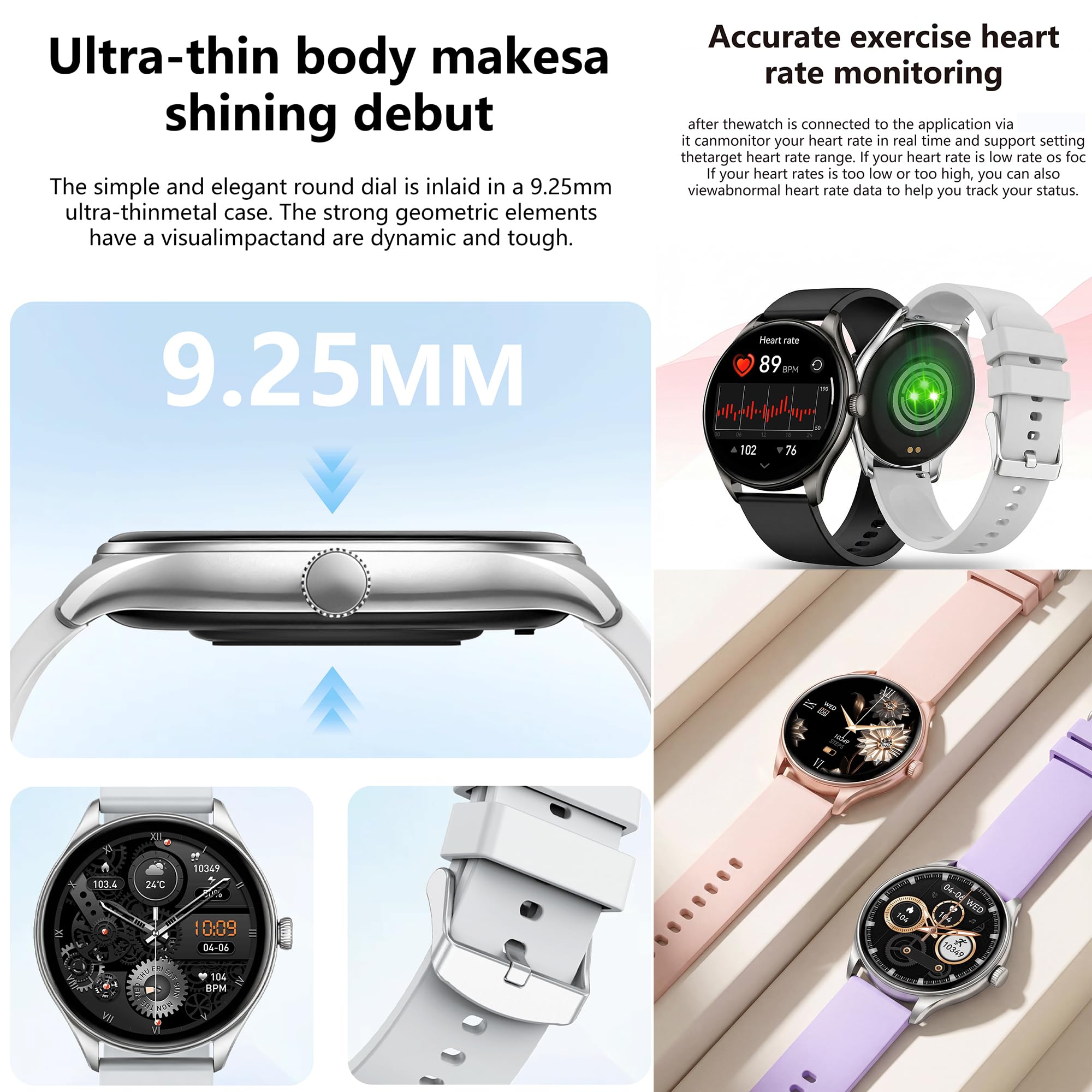 Montre Connectée Femme and Montre Homme avec Appels Bluetooth, Smartwatch Diamond avec 100+ Modes Sportifs/Fonction Féminine/Lecteur de Musique/Fréquence Cardiaque/Sommeil/ pour Android iOS (Argenté)