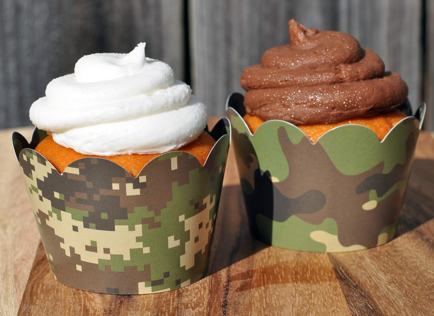 Camouflage Cupcake Wrappers for Gender Reveals, Baby Shower party supplies, Boy/Girl Birthday parties, Hunting or Military themed parties. Set of 24 Reversible Soldier to digital camo pattern