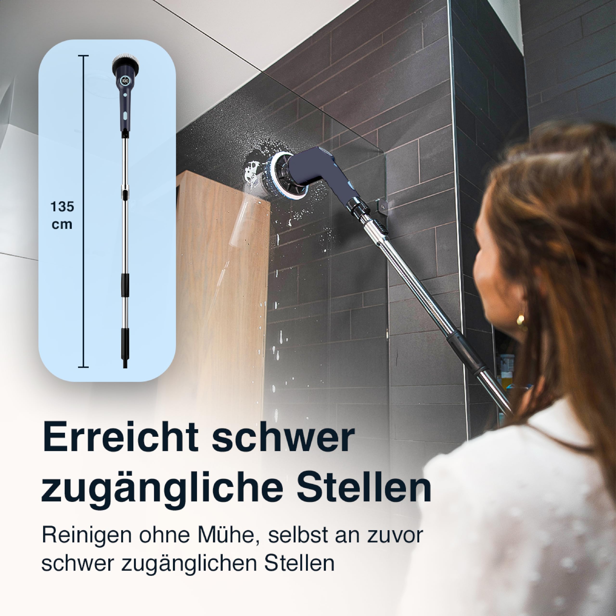 Samako Cepillo de limpieza eléctrico con mango – IPX6 resistente al agua – 9 cabezales – Estropajo con batería para baño, azulejos, ducha y suelo