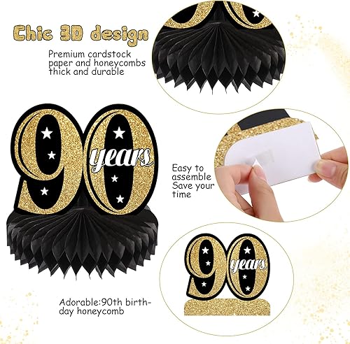 Miniatura 5 de Juego de 8 piezas de decoración de cumpleaños número 90, centros de mesa de panal de abeja para saludos a 90 años, suministros de decoración de