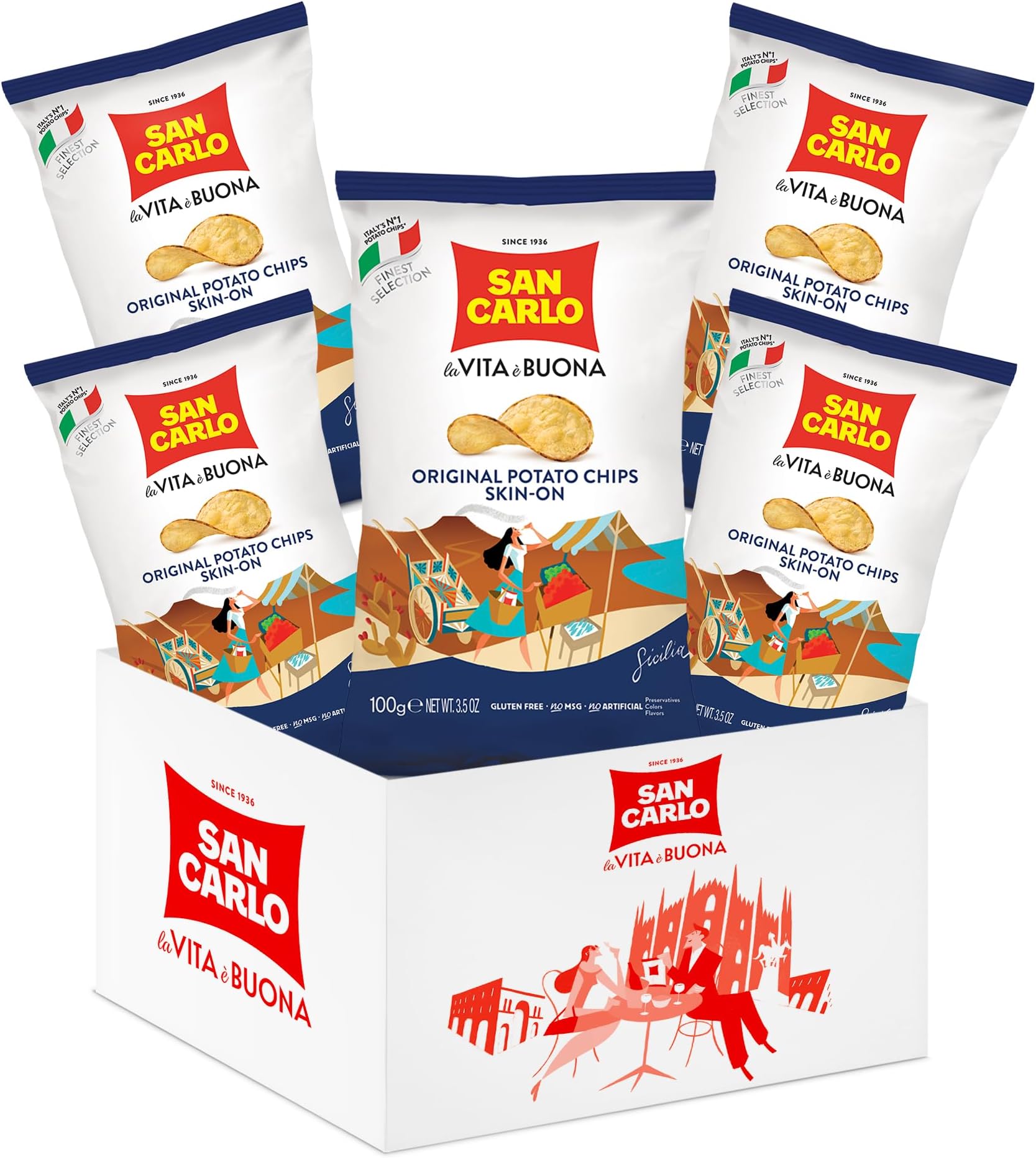 San Carlo Multi Pack 5X Skin-On n°1 Italian Potato Chips - 100gr - for Snacking Bliss
