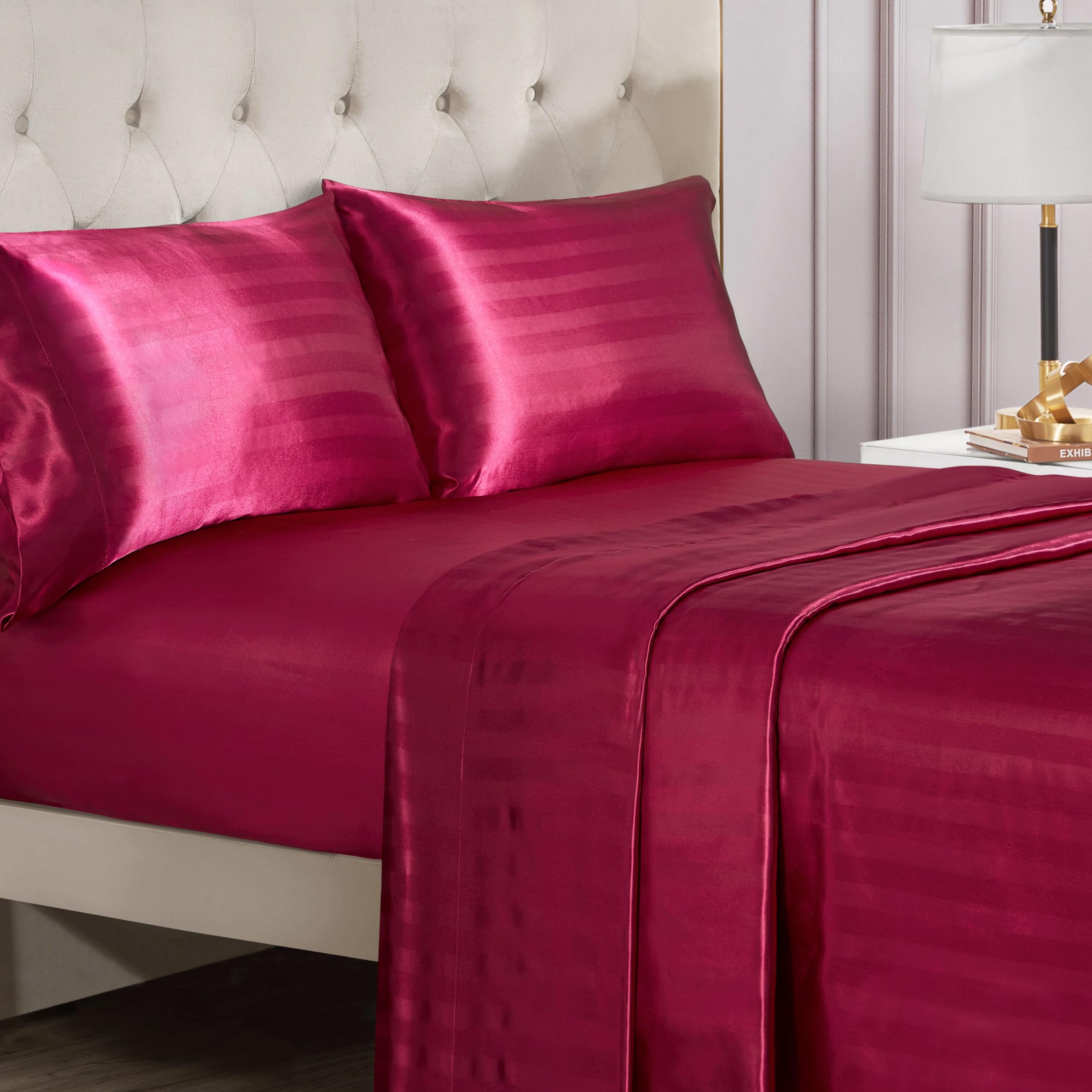 Juicy Couture Silky Satin Damask Sheet Set - Luxury Hot Pink Bedding - Smooth Striped Sheets - Queen Size